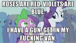 Size: 400x225 | Tagged: safe, edit, edited screencap, screencap, character:rarity, character:spike, species:dragon, species:earth pony, species:pony, species:unicorn, episode:boast busters, g4, my little pony: friendship is magic, bad pickup line spike, caption, female, image macro, male, mare, stallion, threat, vulgar
