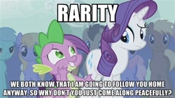 Size: 400x225 | Tagged: safe, edit, edited screencap, screencap, character:rarity, character:spike, species:dragon, species:earth pony, species:pony, species:unicorn, episode:boast busters, g4, my little pony: friendship is magic, bad pickup line spike, caption, female, male, mare, stallion