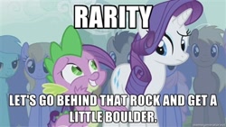 Size: 400x225 | Tagged: safe, edit, edited screencap, screencap, character:rarity, character:spike, species:dragon, species:earth pony, species:pony, species:unicorn, episode:boast busters, g4, my little pony: friendship is magic, bad pickup line spike, caption, female, innuendo, male, mare, stallion