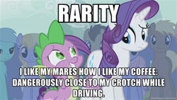 Size: 400x225 | Tagged: safe, edit, edited screencap, screencap, character:rarity, character:spike, species:dragon, species:earth pony, species:pony, species:unicorn, episode:boast busters, g4, my little pony: friendship is magic, bad pickup line spike, caption, female, innuendo, male, mare, stallion