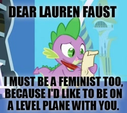 Size: 436x386 | Tagged: safe, edit, edited screencap, screencap, character:spike, species:dragon, episode:friendship is magic, g4, my little pony: friendship is magic, caption, lauren faust, letter, male, meme, quill, spike's love letters, tongue out