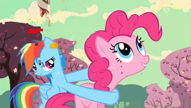 Size: 638x360 | Tagged: safe, edit, edited screencap, screencap, character:applejack, character:pinkie pie, character:rainbow dash, episode:the last roundup, g4, my little pony: friendship is magic, animated, datamosh, glitch, glitch art, vlc