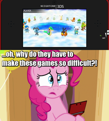Size: 600x668 | Tagged: safe, edit, edited screencap, screencap, character:pinkie pie, episode:the one where pinkie pie knows, g4, my little pony: friendship is magic, 3ds, balloon, bulbasaur, charmander, chespin, chikorita, chimchar, choice, conflict, crossover, cyndaquil, distressed, female, fennekin, first world problems, froakie, image macro, meme, mudkip, nintendo, nintendo ds, oshawott, pikachu, piplup, pokémon, pokémon mystery dungeon, pun, riolu, snivy, solo, squirtle, tepig, text, torchic, totodile, tough decision, treecko, turtwig, video game