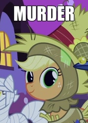Size: 475x665 | Tagged: safe, edit, edited screencap, screencap, character:applejack, episode:luna eclipsed, g4, my little pony: friendship is magic, clothing, costume, cropped, dissonant caption, image macro, looking at you, murder, nightmare night, nightmare night costume, one word, scarecrow, smiling, solo focus, text