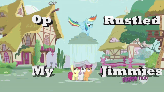 Size: 640x360 | Tagged: safe, edit, edited screencap, screencap, character:apple bloom, character:rainbow dash, character:scootaloo, character:sweetie belle, species:earth pony, species:pegasus, species:pony, species:unicorn, episode:ponyville confidential, g4, my little pony: friendship is magic, animated, blinking, cloud, cutie mark crusaders, female, filly, flapping, frown, glare, gritted teeth, image macro, jimmies, jumping, loop, mare, newspaper, raincloud, rustled my jimmies, sad, spread wings, text, wide eyes, wings
