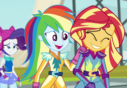 Size: 1245x864 | Tagged: safe, edit, screencap, character:rainbow dash, character:rarity, character:sunset shimmer, ship:sunsetdash, equestria girls:friendship games, g4, my little pony: equestria girls, my little pony:equestria girls, :d, cropped, female, grin, inverted mouth, lesbian, shipping, smiling, sunedge shimmer, teeth