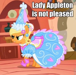 Size: 573x564 | Tagged: safe, edit, edited screencap, screencap, character:applejack, episode:look before you sleep, g4, my little pony: friendship is magic, annoyed, clothing, cropped, dress, female, froufrou glittery lacy outfit, image macro, lidded eyes, solo