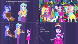 Size: 2308x1300 | Tagged: safe, edit, edited screencap, screencap, character:applejack, character:fluttershy, character:pinkie pie, character:princess celestia, character:princess luna, character:principal celestia, character:rainbow dash, character:rarity, character:twilight sparkle, character:vice principal luna, equestria girls:equestria girls, g4, my little pony: equestria girls, my little pony:equestria girls, bare shoulders, big crown thingy, boots, colombia, comic, fall formal, fall formal outfits, high heel boots, jewelry, mane six, miss universe, regalia, screencap comic, sleeveless, strapless, twilight ball dress, vice principal luna