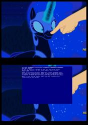 Size: 1120x1600 | Tagged: safe, edit, edited screencap, screencap, character:nightmare moon, character:princess luna, episode:the cutie re-mark, alternate timeline, blue screen of death, boop, boop edit, comic, finger, frown, glowing horn, hand, magic, nightmare takeover timeline, wide eyes