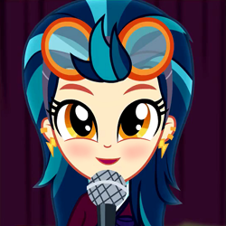 Size: 537x537 | Tagged: safe, edit, edited screencap, screencap, character:indigo zap, equestria girls:friendship games, g4, my little pony: equestria girls, my little pony:equestria girls, blushing, cropped, cute, female, inverted mouth, microphone, smiling, solo, zapabetes