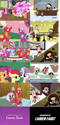 Size: 680x1419 | Tagged: safe, edit, edited screencap, screencap, character:apple bloom, character:big mcintosh, character:cheerilee, character:cup cake, character:scootaloo, character:sweetie belle, species:earth pony, species:pegasus, species:pony, episode:hearts and hooves day, g4, my little pony: friendship is magic, cartoon network, comparison, cutie mark crusaders, holiday, lauren faust, male, mayor of townsville, ms. keane, professor utonium, reference, shovel, side by side, stallion, the powerpuff girls, valentine, valentine's day, wedding veil