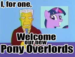 Size: 320x240 | Tagged: safe, edit, edited screencap, screencap, character:twilight sparkle, artifact, clothing, i for one welcome our new overlords, image macro, join the herd, kent brockman, meme, necktie, smiling, suit, text, the simpsons, this will end in tears, welcome to the herd