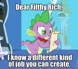 Size: 436x386 | Tagged: safe, edit, edited screencap, screencap, character:filthy rich, character:spike, species:dragon, episode:friendship is magic, g4, my little pony: friendship is magic, caption, image macro, letter, male, quill, spike's love letters, tongue out