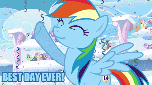 Size: 499x281 | Tagged: safe, edit, edited screencap, screencap, character:derpy hooves, character:merry may, character:rainbow dash, character:rainbowshine, character:sassaflash, character:white lightning, species:pegasus, species:pony, episode:sonic rainboom, g4, my little pony: friendship is magic, animated, confetti, female, image macro, mare, reaction image, solo focus, streamers