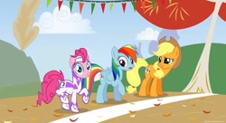 Size: 960x523 | Tagged: safe, edit, edited screencap, screencap, character:applejack, character:fili-second, character:pinkie pie, character:rainbow dash, episode:power ponies, g4, my little pony: friendship is magic, running of the leaves