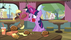 Size: 2214x1246 | Tagged: safe, edit, screencap, character:twilight sparkle, character:twilight sparkle (alicorn), species:alicorn, species:pony, female, food, mare, meat, ponies eating meat, scribblenauts, steak, that pony sure does love burgers, twilight burgkle