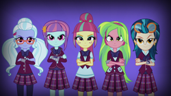 Size: 1280x720 | Tagged: safe, edit, edited screencap, screencap, character:indigo zap, character:lemon zest, character:sour sweet, character:sugarcoat, character:sunny flare, equestria girls:friendship games, g4, my little pony: equestria girls, my little pony:equestria girls, >:), clothing, crossed arms, crystal prep academy, crystal prep academy uniform, crystal prep shadowbolts, glasses, goggles, headphones, inverted mouth, looking at you, pure unfiltered evil, random, school uniform, shadow five, smiling, unleash the magic
