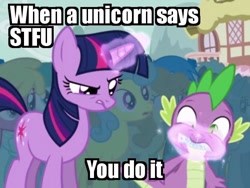 Size: 750x563 | Tagged: safe, edit, edited screencap, screencap, character:carrot top, character:cherry berry, character:golden harvest, character:lemon hearts, character:spike, character:twilight sparkle, episode:boast busters, g4, my little pony: friendship is magic, body horror, caption, image macro, magic, stfu, twilight is not amused, vulgar, zipper, zippermouth