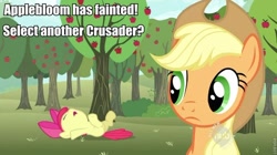 Size: 680x381 | Tagged: safe, edit, edited screencap, screencap, character:apple bloom, character:applejack, episode:the super speedy cider squeezy 6000, g4, my little pony: friendship is magic, crossover, duo, hub logo, on back, passed out, pokémon, underhoof