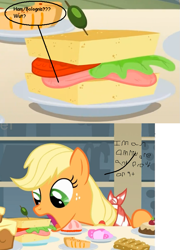 Size: 589x819 | Tagged: safe, edit, edited screencap, screencap, character:applejack, episode:a bird in the hoof, g4, my little pony: friendship is magic, comic, cropped, female, hatless, meat, missing accessory, ms paint, omnivore, open mouth, ponies eating meat, screencap comic, solo