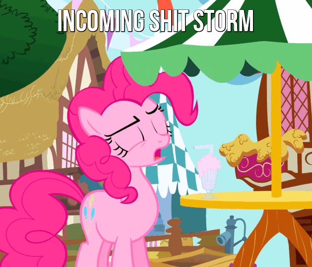 Size: 629x539 | Tagged: safe, edit, edited screencap, screencap, character:pinkie pie, species:earth pony, species:pony, episode:griffon the brush-off, g4, my little pony: friendship is magic, season 1, animated, cropped, cute, diapinkes, dilated pupils, female, floppy ears, frown, gif, hiding, image macro, looking up, mare, meme, milkshake, open mouth, ponyville, scared, shitstorm, solo, umbrella, vulgar