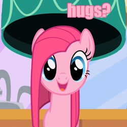 Size: 720x720 | Tagged: safe, edit, edited screencap, screencap, character:pinkamena diane pie, character:pinkie pie, episode:the best night ever, g4, my little pony: friendship is magic, bronybait, caption, cropped, cute, cuteamena, female, hug, hug request, image macro, looking at you, open mouth, pink text, smiling, solo