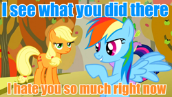 Size: 960x540 | Tagged: safe, edit, edited screencap, screencap, character:applejack, character:rainbow dash, episode:fall weather friends, g4, my little pony: friendship is magic, blue text, dialogue, female, image macro, meme, orange text, twilight's tail