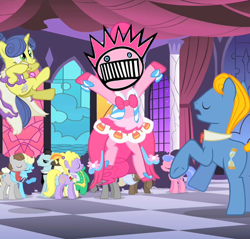Size: 650x622 | Tagged: safe, edit, edited screencap, screencap, character:lyrica lilac, character:perfect pace, character:pinkie pie, character:royal ribbon, episode:the best night ever, g4, my little pony: friendship is magic, boognish, canterlot, dancing, forced meme, grand galloping gala, meme, party, ween