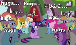 Size: 600x355 | Tagged: safe, edit, edited screencap, screencap, character:amethyst star, character:carrot top, character:cloud kicker, character:diamond mint, character:drizzle, character:golden harvest, character:lemony gem, character:linky, character:minuette, character:orange blossom, character:parasol, character:pinkie pie, character:prim posy, character:sea swirl, character:serena, character:shoeshine, character:sparkler, character:twilight sparkle, character:twinkleshine, episode:the ticket master, g4, my little pony: friendship is magic, hug, image macro, zombie