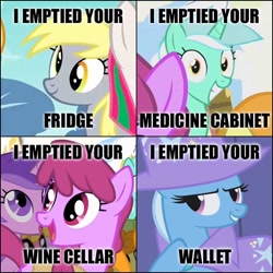 Size: 666x666 | Tagged: safe, edit, edited screencap, screencap, character:amethyst star, character:berry punch, character:berryshine, character:blossomforth, character:carrot top, character:cherry berry, character:derpy hooves, character:golden harvest, character:lyra heartstrings, character:trixie, species:pegasus, species:pony, episode:boast busters, episode:hurricane fluttershy, episode:winter wrap up, g4, my little pony: friendship is magic, caption, clothing, collage, cropped, female, hat, i emptied your fridge, i found pills, irrational exuberance, looking at you, mare, meme, text, that pony sure does love alcohol, trixie's hat