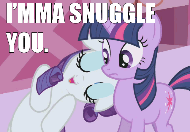 Size: 640x444 | Tagged: safe, edit, edited screencap, screencap, character:rarity, character:twilight sparkle, species:pony, species:unicorn, episode:the ticket master, g4, my little pony: friendship is magic, animated, artifact, duo, female, gif, image macro, imma snuggle you, it's happened and now we can't stop it, mare, meme, meme origin, origins, snuggling