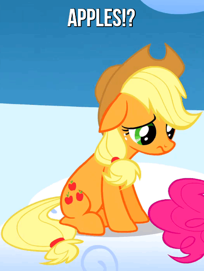 Size: 421x558 | Tagged: safe, edit, screencap, character:applejack, character:pinkie pie, species:earth pony, species:pony, episode:sonic rainboom, g4, my little pony: friendship is magic, animated, blinking, caption, cropped, cute, happy, jackabetes, text, that pony sure does love apples