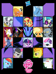 Size: 1145x1512 | Tagged: safe, edit, screencap, character:applejack, character:bulk biceps, character:dj pon-3, character:fido, character:iron will, character:king sombra, character:little strongheart, character:nightmare moon, character:octavia melody, character:prince blueblood, character:princess luna, character:rainbow dash, character:rarity, character:spitfire, character:sunset shimmer, character:trixie, character:twilight sparkle, character:twilight sparkle (alicorn), character:vinyl scratch, character:zecora, species:alicorn, species:diamond dog, species:pony, species:zebra, hasbro, logo, my little pony logo, parody, street fighter, super street fighter ii turbo, super street fighter ii x