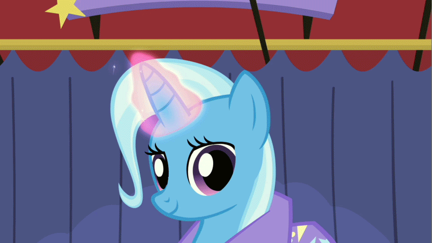 Size: 853x480 | Tagged: safe, edit, edited screencap, screencap, character:trixie, species:pony, species:unicorn, episode:boast busters, g4, my little pony: friendship is magic, animated, clothing, deal with it, female, glowing horn, grin, hat, i put on my robe and wizard hat, magic, mare, reversed, smirk, solo, telekinesis, trixie's hat