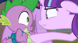 Size: 1544x867 | Tagged: safe, edit, edited screencap, screencap, character:spike, character:starlight glimmer, character:twilight sparkle, character:twilight sparkle (alicorn), species:alicorn, species:pony, ship:sparlight, episode:the cutie re-mark, awkward, backpack, bedroom eyes, comic, evil, evil grin, female, flirting, love, male, mare, nervous, personal space invasion, revenge, screencap comic, shipping, smiling, straight, this will end in kisses, when she smiles