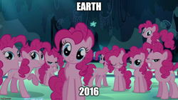 Size: 888x499 | Tagged: safe, edit, edited screencap, screencap, character:pinkie pie, episode:too many pinkie pies, g4, my little pony: friendship is magic, c:, clone, clones, grin, head tilt, image macro, looking at you, meme, pinkie clone, raised hoof, smiling, squee, that cute clone, xk-class end-of-the-world scenario, zombie apocalypse