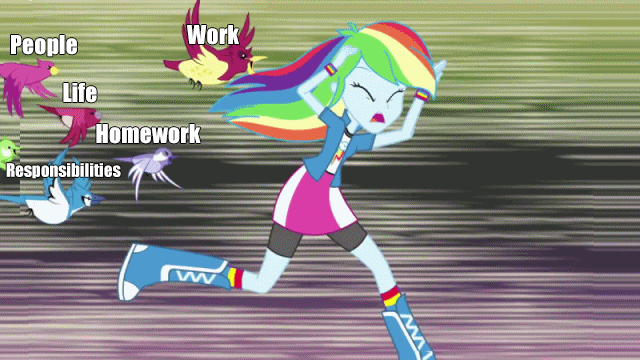 Size: 640x360 | Tagged: safe, edit, edited screencap, screencap, character:rainbow dash, species:bird, episode:shake your tail, g4, my little pony: equestria girls, my little pony:equestria girls, animated, blue jay, chase, homework, me irl, metaphor gif, responsibility, running, songbird, speed lines, the truth, truth, work