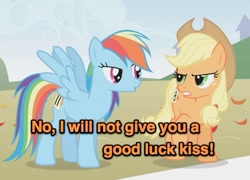 Size: 527x379 | Tagged: safe, edit, edited screencap, screencap, character:applejack, character:rainbow dash, ship:appledash, episode:fall weather friends, g4, my little pony: friendship is magic, cropped, image macro, race, shipping, shipping denied
