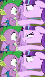 Size: 1544x2600 | Tagged: safe, alternate version, edit, edited screencap, screencap, character:spike, character:starlight glimmer, character:twilight sparkle, character:twilight sparkle (alicorn), species:alicorn, species:pony, ship:sparlight, episode:the cutie re-mark, awkward, backpack, bedroom eyes, comic, evil, evil grin, female, flirting, love, male, mare, nervous, personal space invasion, revenge, screencap comic, shipping, smiling, straight, this will end in kisses, time travel, when she smiles