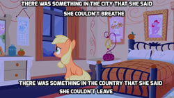 Size: 1280x720 | Tagged: safe, edit, edited screencap, screencap, character:applejack, episode:the cutie mark chronicles, g4, my little pony: friendship is magic, blank flank, female, filly, filly applejack, flashback, john denver, manehattan, reference, solo, song, song reference, text, wild montana skies, younger
