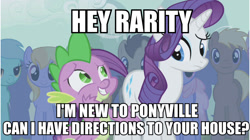 Size: 804x450 | Tagged: safe, edit, edited screencap, screencap, character:rarity, character:spike, species:dragon, species:earth pony, species:pony, species:unicorn, episode:boast busters, g4, my little pony: friendship is magic, bad pickup line spike, caption, female, image macro, male, mare, stallion