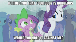 Size: 800x450 | Tagged: safe, edit, edited screencap, screencap, character:rarity, character:spike, species:dragon, species:earth pony, species:pony, species:unicorn, episode:boast busters, g4, my little pony: friendship is magic, bad pickup line spike, caption, female, image macro, innuendo, male, mare, stallion