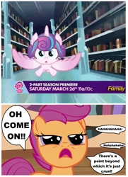Size: 1312x1816 | Tagged: safe, edit, edited screencap, screencap, character:princess flurry heart, character:scootaloo, species:pegasus, species:pony, episode:the crystalling, g4, my little pony: friendship is magic, abuse, book, flurry heart vs scootaloo, flying, library, scootabuse, scootaloo can't fly, scootaloo is not amused, screencap comic, unamused