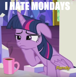 Size: 720x736 | Tagged: safe, edit, edited screencap, screencap, character:twilight sparkle, character:twilight sparkle (alicorn), species:alicorn, species:pony, episode:what about discord?, g4, my little pony: friendship is magic, coffee, coffee mug, cropped, discovery family logo, female, floppy ears, food, frown, i hate mondays, leaning, mare, meme, monday, morning ponies, sleepy, solo, text edit, tired