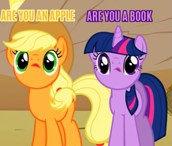 Size: 605x513 | Tagged: safe, edit, edited screencap, screencap, character:applejack, character:twilight sparkle, episode:over a barrel, g4, my little pony: friendship is magic, apple, are you a wizard, book, caption, faec, fishface applejack, fishface twilight, flanderization, food, image macro, meme, purple text, reaction image, text, that pony sure does love apples, that pony sure does love books, wat