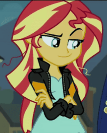 Size: 216x268 | Tagged: safe, edit, edited screencap, screencap, character:sunset shimmer, my little pony:equestria girls, animated, caption, deal with it, dreamworks face, female, image macro, meme, reaction image, shit eating grin, smiling, smugset shimmer, solo, sunglasses, text