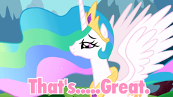 Size: 720x405 | Tagged: safe, edit, edited screencap, screencap, character:princess celestia, species:alicorn, species:pony, episode:swarm of the century, g4, my little pony: friendship is magic, female, image macro, mare, meme, pink text, solo, that's nice