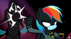 Size: 922x514 | Tagged: safe, edit, edited screencap, screencap, character:rainbow dash, species:changeling, episode:do princesses dream of magic sheep?, batman, batmare, crossover, offhand backhand, punch