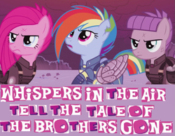 Size: 951x738 | Tagged: safe, edit, edited screencap, screencap, character:maud pie, character:pinkie pie, character:rainbow dash, episode:the cutie re-mark, alternate timeline, amputee, apinkalypse pie, apocalypse dash, apocalypse maud, artificial wings, augmented, caption, crystal war timeline, expand dong, exploitable meme, i'm nuclear, meme, metal gear solid, metal gear solid 5, prosthetic limb, prosthetic wing, prosthetics, scar, song reference, wings