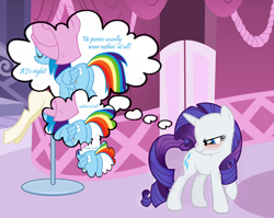 Size: 1408x1120 | Tagged: safe, edit, edited screencap, screencap, character:rainbow dash, character:rarity, species:pegasus, species:pony, species:unicorn, ship:raridash, angry, blushing, carousel boutique, close-up, embarrassed, eyes closed, female, frown, glare, lesbian, looking back, looking down, mare, nothing at all, parody, plot, rainbutt dash, raised hoof, reference, simpsons did it, smiling, solo, stupid sexy flanders, stupid sexy rainbow dash, text, the simpsons, thought bubble, towel, we don't normally wear clothes